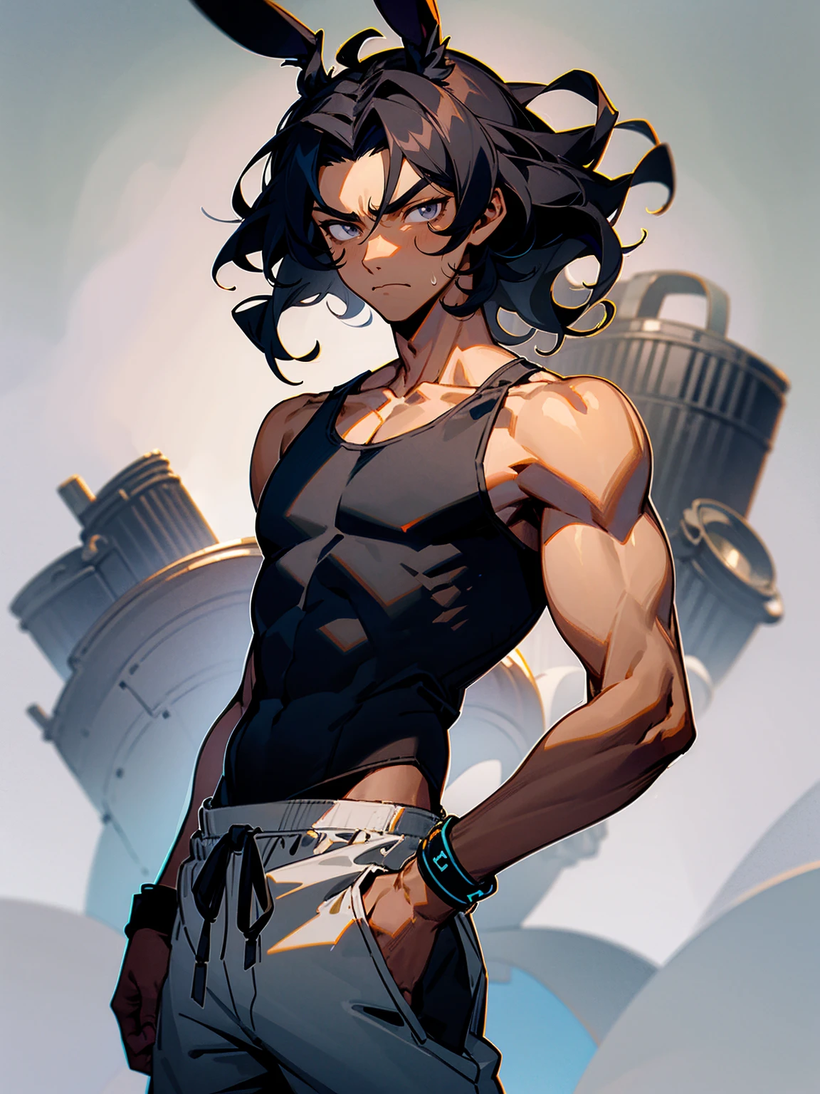 1male, dark skin, black hair, wavy middle parted hair, rabbit ears, grey eyes, lean build, tank top, tied to waist, bracelets, grey sweatpants, Japanese school, serious expression