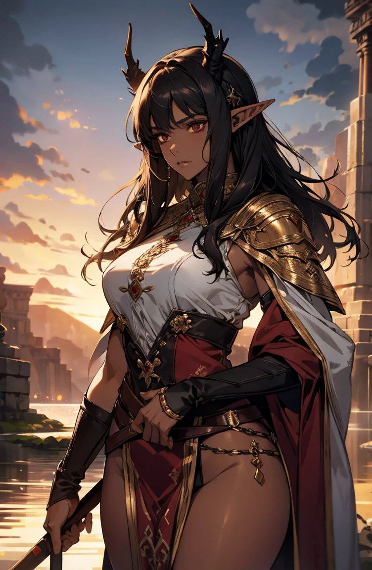 brown skin, older woman, sexy, tall, brown skin, one dragon wing, black hair, elf, elf ears, dragon horns, army, ruler