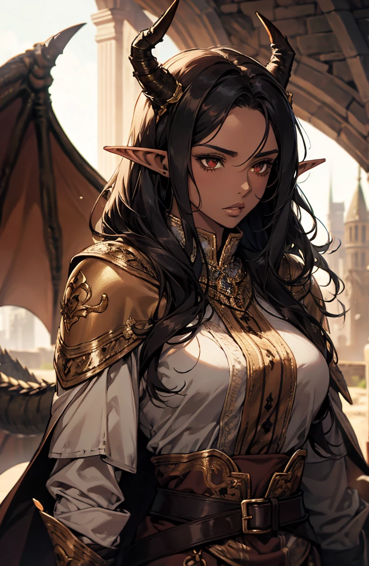 brown skin, older woman, sexy, tall, brown skin, one dragon wing, black hair, elf, elf ears, dragon horns, army, ruler