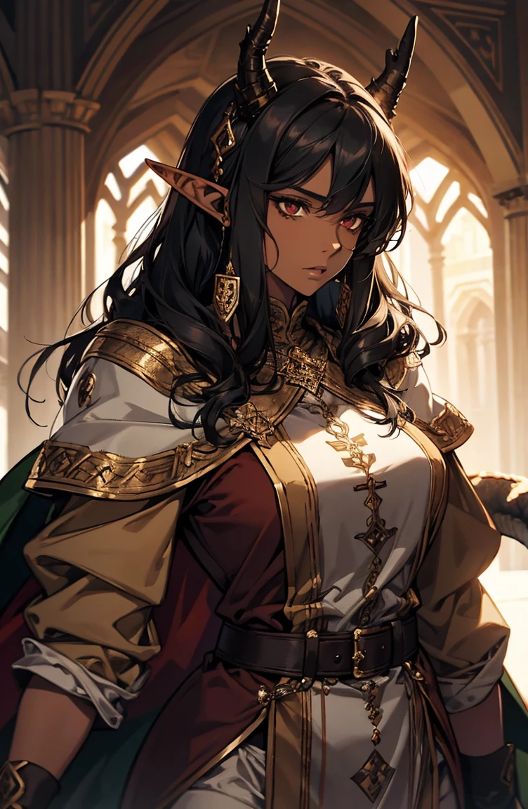 brown skin, older woman, sexy, tall, brown skin, one dragon wing, black hair, elf, elf ears, dragon horns, army, ruler