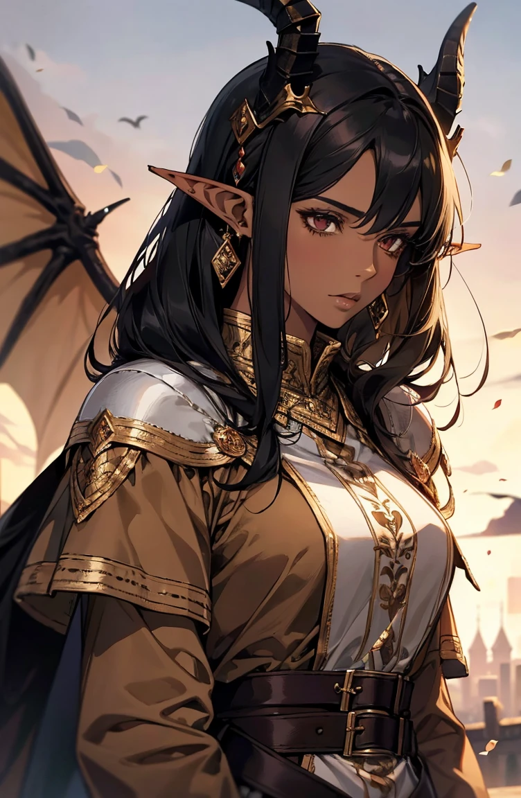 brown skin, older woman, sexy, tall, brown skin, one dragon wing, black hair, elf, elf ears, dragon horns, army, ruler