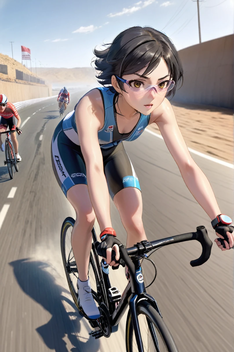 (8K, RAW Photos, Realistic: 1.25), (Highest quality, Ultra-high resolution, Written boundary depth, chromatic aberration, Caustics), Back view of a female racer racing on a road racing bicycle, Black Hair, semi-long, stylish, Bicycle road racing, A heated race between multiple road racers, Speed, Uplifting, Panning view, A female racer chasing another female racer in front of her, Chase from behind, Back depiction