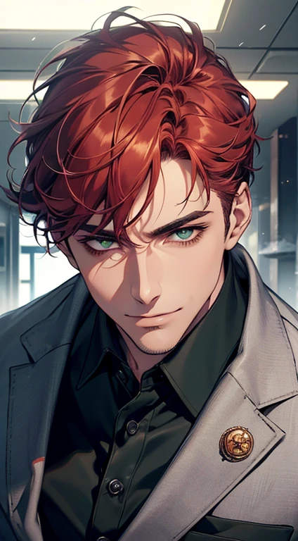 (best quality, masterpiece, 8K, photorealistic, cinematic lighting, hdr image, ultra detailed, beautiful image), a mature man, very handsome, smile, short grey red hair, green eyes, perfect face without errors, ((buttoning the jacket, CEO))