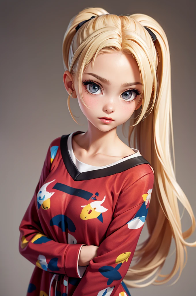 hyperrealistic 14 year old american teen, blonde, perfect tiny body, sexy, dark makeup, perfect slim face, big red lips, very cute face, tiny body, big eyes, young looking, childish looking, sexy pijama, two ponytails