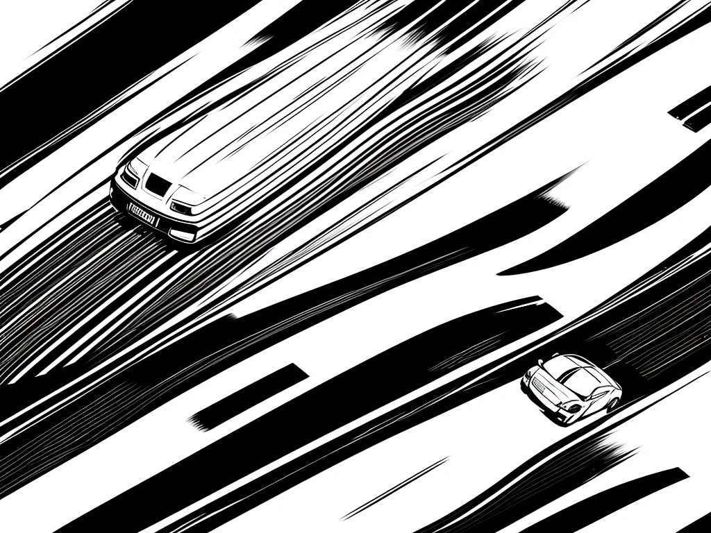 Driving scene,Black and white line drawing,HD,The car model is reasonable,Accurate perspective,Best quality,Accurate proportions
