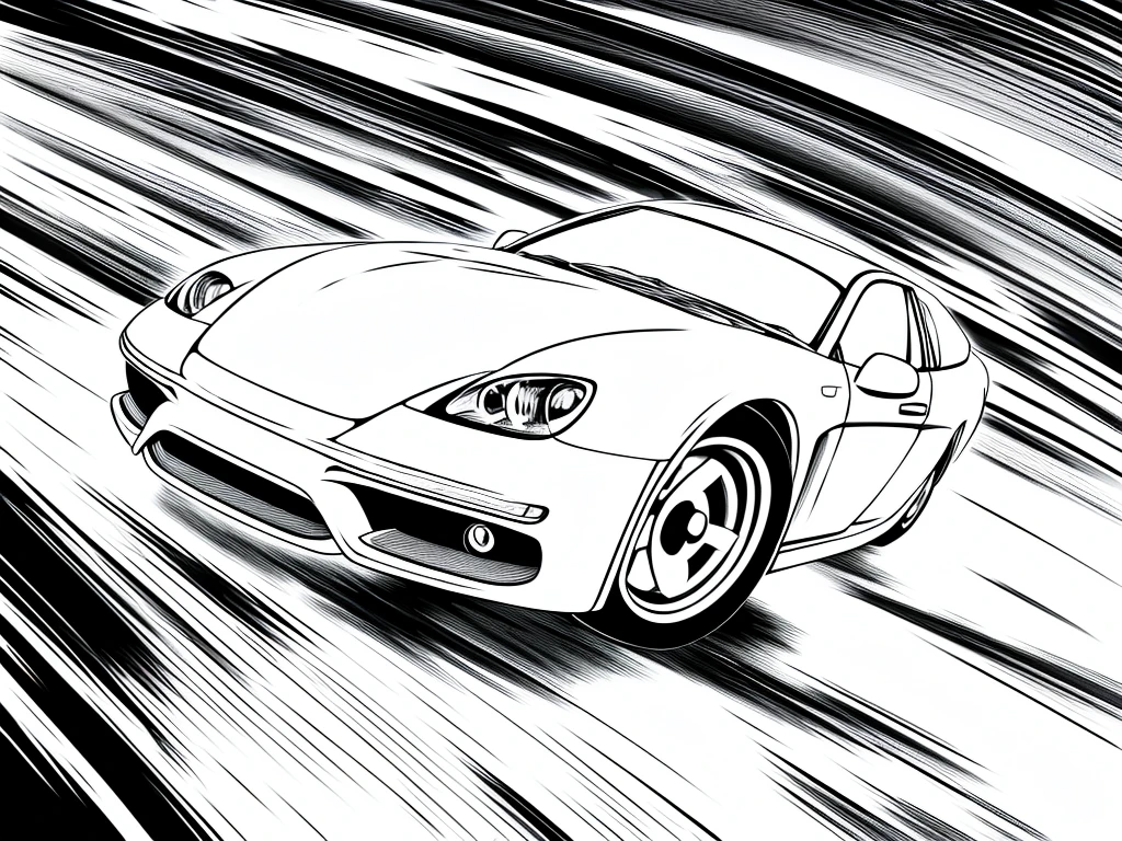 Driving scene,Black and white line drawing,HD,The car model is reasonable,Accurate perspective,Best quality,Accurate proportions