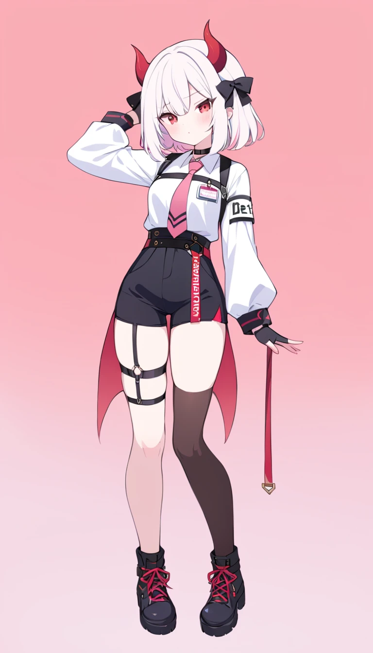 Teenage girl, devil girl, small red horns, white hair, short fluffy hair, big red eyes, pale skin, blushing cheeks,red cheeks, brown eyes, hair ornament, white shirt, long sleeves, pink tie, black choker, harness, name tag, multiple belts, high waist shorts, black shorts, thigh strap, fingerless glove, simple glove, full body, alone
