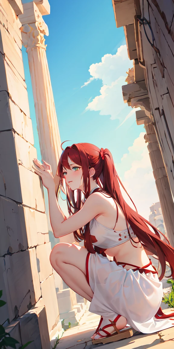 Area view(front angle), Goddess Griga with dark red hair,toga, (bottom) Greek palace,green eyes, crying 