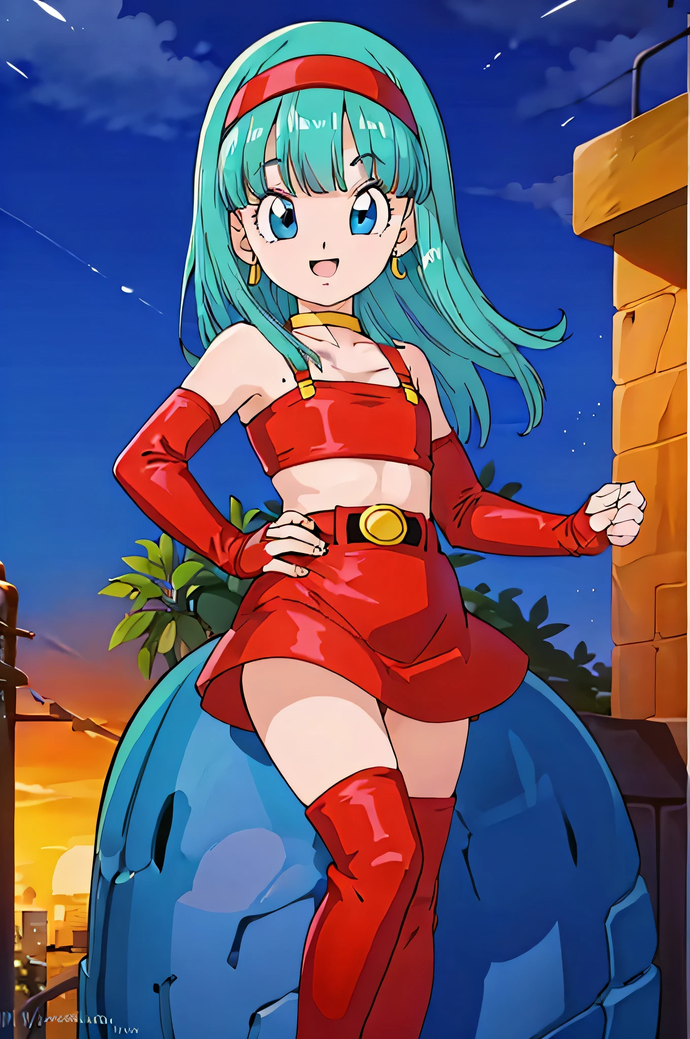 bulla, aqua hair, blue eyes, long hair, tube top, skirt, belt, thigh high boots photo, smile, high quality, hairband, earrings, gloves, jewelry, city, street, buildings, night sky, star \(sky\), close up, cowboy shot
