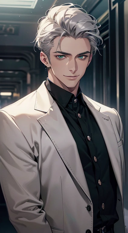 (best quality, masterpiece, 8K, photorealistic, cinematic lighting, hdr image, ultra detailed, beautiful image), a mature man, very handsome, smile, short grey silver hair, green eyes, perfect face without errors, ((buttoning the jacket, CEO))