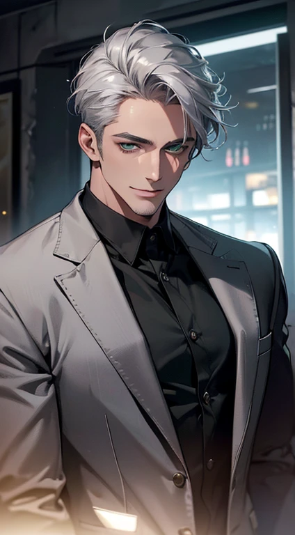 (best quality, masterpiece, 8K, photorealistic, cinematic lighting, hdr image, ultra detailed, beautiful image), a mature man, very handsome, smile, short grey silver hair, green eyes, perfect face without errors, ((buttoning the jacket, CEO))
