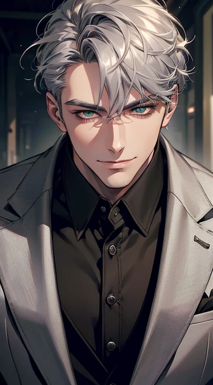 (best quality, masterpiece, 8K, photorealistic, cinematic lighting, hdr image, ultra detailed, beautiful image), a mature man, very handsome, smile, short grey silver hair, green eyes, perfect face without errors, ((buttoning the jacket, CEO))