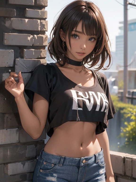 ((((Brown Skin、Dark Skin、Black Skin、Ultra-Realistic Skin))))One girl、Age 25、Oversized breasts、Crop top、Shorts Jeans、rose、Crop top、Shorts Jeans、choker、（Graffiti：1.5）、Purple lightning splash。、Arms behind your back、Leaning against a wall、Facing the viewer from the front。、Thigh straps、Tilt your head、boredom、Watery eye、