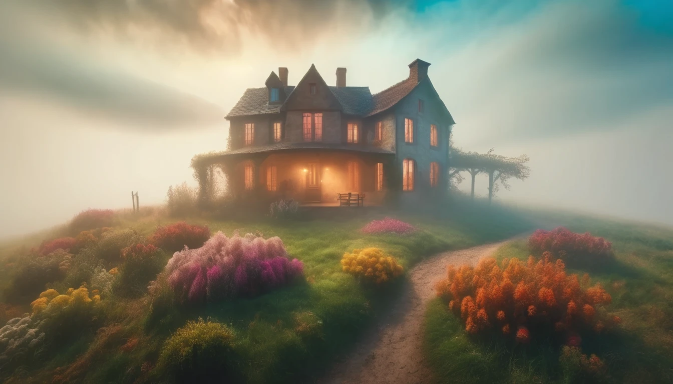 The farmhouse enveloped in thick fog, creating a mysterious and haunting atmosphere. Style of Claude Monet. Hyper Realistic photo, vibrant colors, 16k