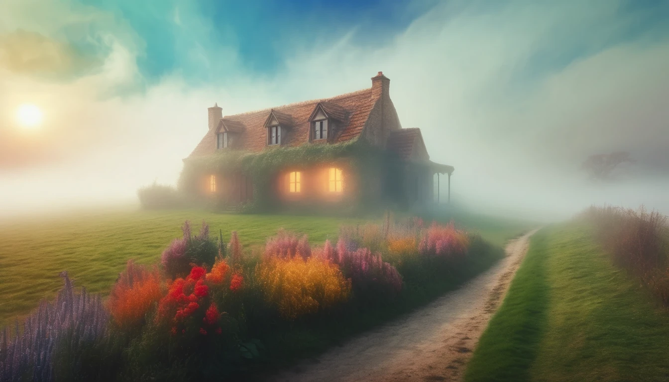 The farmhouse enveloped in thick fog, creating a mysterious and haunting atmosphere. Style of Claude Monet. Hyper Realistic photo, vibrant colors, 16k