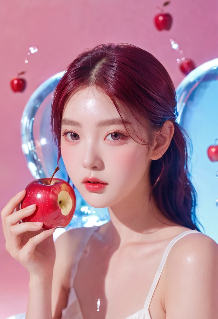 夏日Red Apple少女，Dopamine teenage， Cool summer days，Ice cubes，The watery girl，Delicate skin，Hydration，Shiny，Shiny，dream，Front view，bust，pearl，Red Apple，pink
