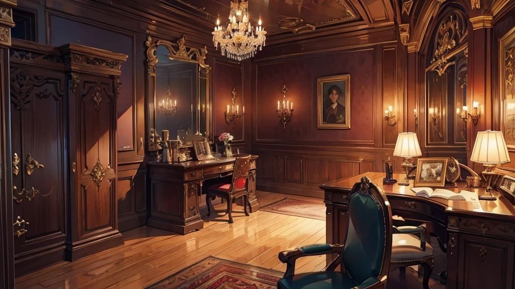 Medieval European luxury room，Gorgeous desk，wine，Godfather Mafia Room