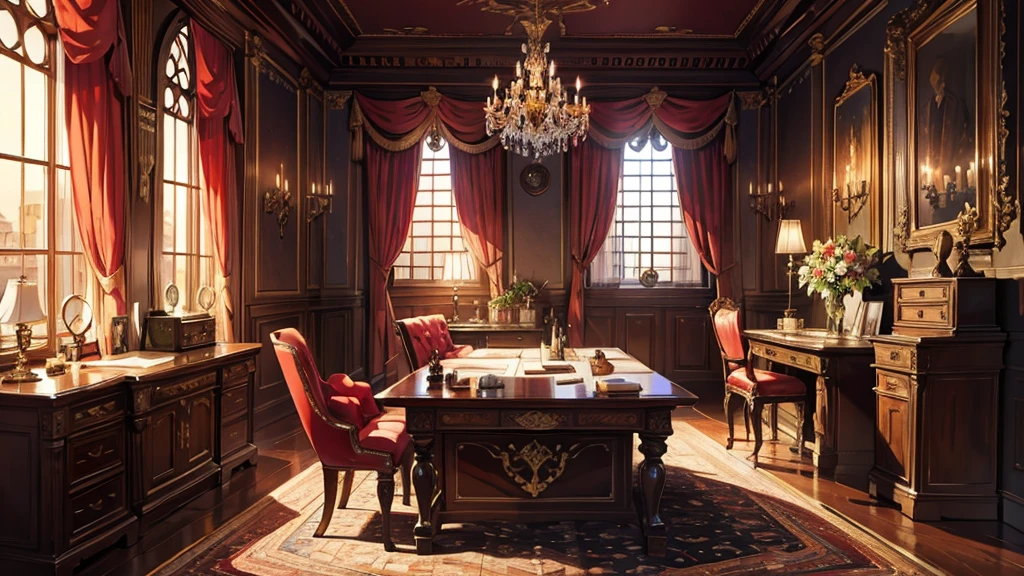 Medieval European luxury room，Gorgeous desk，wine，Godfather Mafia Room