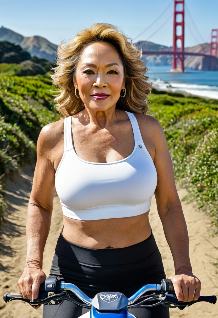 1girl, photorealistic photo of Gloria Diaz, realistic, photo of a Irish woman, middle age, grayish green eyes, medium wavy blonde hair, a 30-year-old woman, body of 40-year-old woman, (((wrinkles on her face and body))), (((half body shot))), (((medium size breast))), (((she is riding riding an ATV motorcycle along the Lower Great Highway Trail in San Francisco. This trail runs parallel to the Pacific Ocean, offering stunning views of the coastline and the crashing waves. The atmosphere is typically refreshing and invigorating, with the salty sea breeze and the sound of seagulls overhead. As she maneuvers the ATV along the trail, she might pass by sandy dunes and patches of coastal vegetation, enjoying the freedom and thrill of off-road riding against the backdrop of San Francisco's iconic Golden Gate Park. The trail itself is a mix of gravel and sand, providing a challenging yet exhilarating terrain for ATV enthusiasts. ))), she is looking at the camera smiling, (((she is wearing a color white sports bra and tight leggings))), (((dynamic pose)))