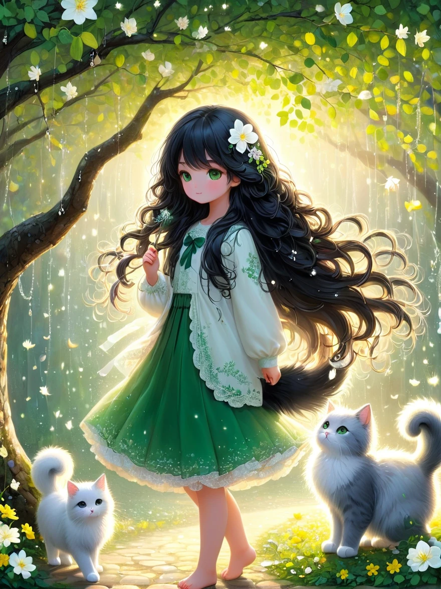 1 Girl, 独奏, Long hair, Black Hair, Long sleeve, skirt, Keep, perpetual, myopia, flower, Artist Name, sign, from the side, Tree, contour, animal, Watermark, Wavy Hair, flower卉印flower, Cat, plant, , Nature, Network skirt, forest, curls, Green dress, vine，Glowing silver light，Innocence，storybook-like，对Nature的温柔描绘，Wear，so beautiful, in the style of Amanda clark, Evgeni gordiets