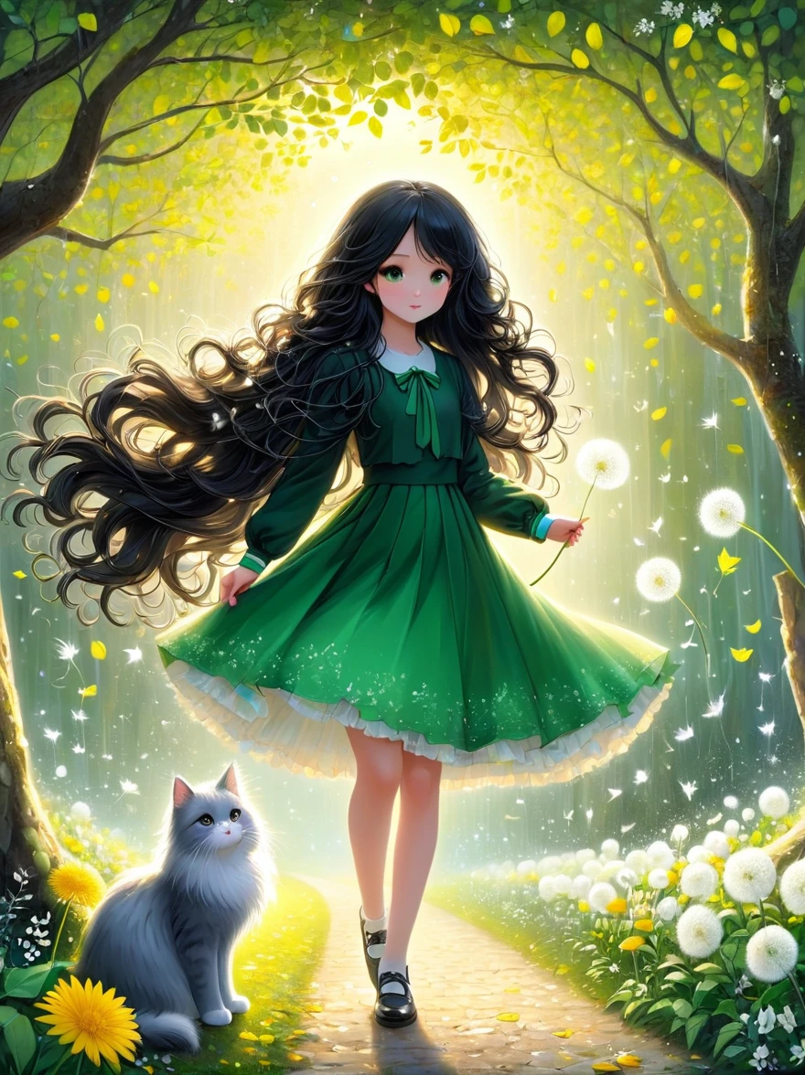 1 Girl, 独奏, Long hair, Black Hair, Long sleeve, skirt, Keep, perpetual, myopia, flower, Artist Name, sign, from the side, Tree, contour, animal, Watermark, Wavy Hair, flower卉印flower, Cat, plant, , Nature, Network skirt, forest, curls, Green dress, vine,Glowing silver light,Innocence,storybook-like,对Nature的温柔描绘,Wear,so beautiful, in the style of Amanda clark, Evgeni gordiets