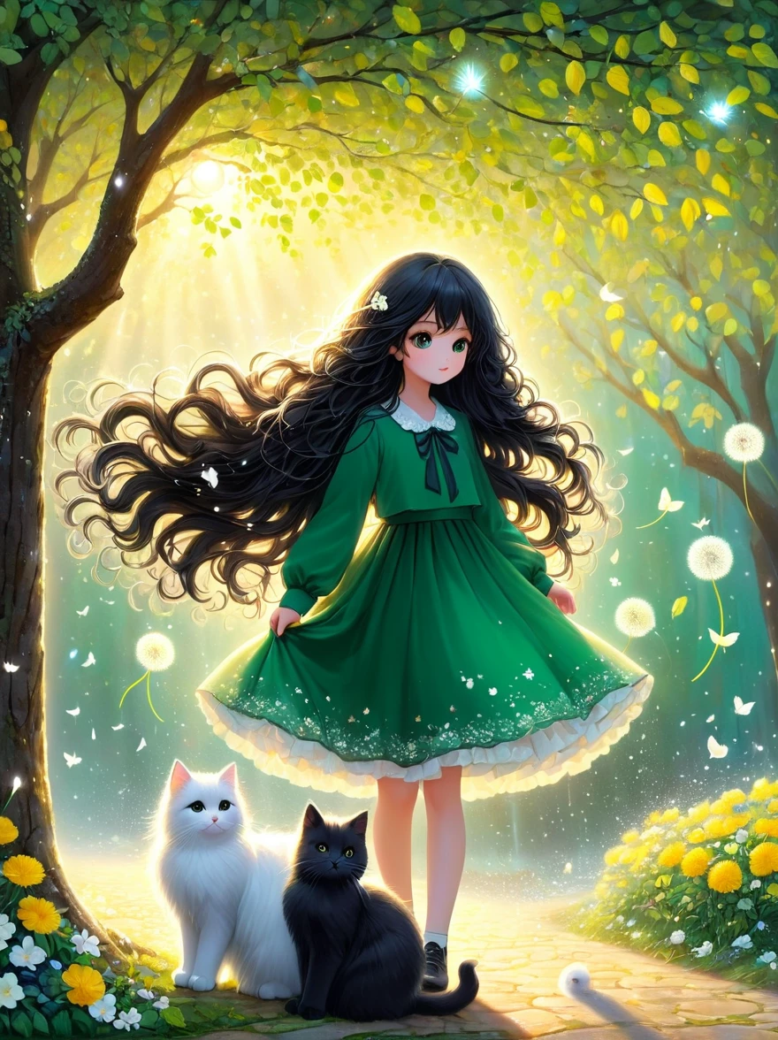 1 Girl, 独奏, Long hair, Black Hair, Long sleeve, skirt, Keep, perpetual, myopia, flower, Artist Name, sign, from the side, Tree, contour, animal, Watermark, Wavy Hair, flower卉印flower, Cat, plant, , Nature, Network skirt, forest, curls, Green dress, vine，Glowing silver light，Innocence，storybook-like，对Nature的温柔描绘，Wear，so beautiful, in the style of Amanda clark, Evgeni gordiets