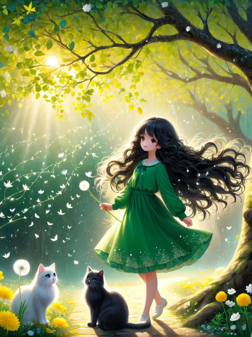1 Girl, 独奏, Long hair, Black Hair, Long sleeve, skirt, Keep, perpetual, myopia, flower, Artist Name, sign, from the side, Tree, contour, animal, Watermark, Wavy Hair, flower卉印flower, Cat, plant, , Nature, Network skirt, forest, curls, Green dress, vine,Glowing silver light,Innocence,storybook-like,对Nature的温柔描绘,Wear,so beautiful, in the style of Amanda clark, Evgeni gordiets