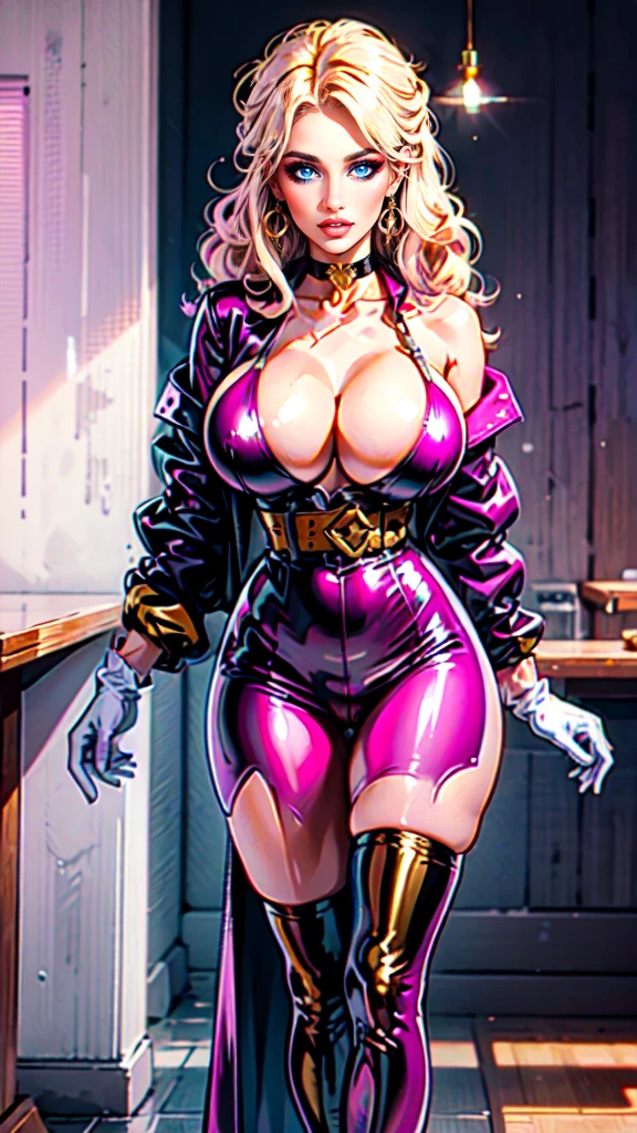 schwitzerland women,white Blonde curly  long hair, Blue eyes,purple lips, Pink Latex  Blazer Unfiorm, Pink Shoulder poul,bif breast,m Clevage, Godl Belt, White Gloves, gold Chocker, Gold loop Earrings, standing