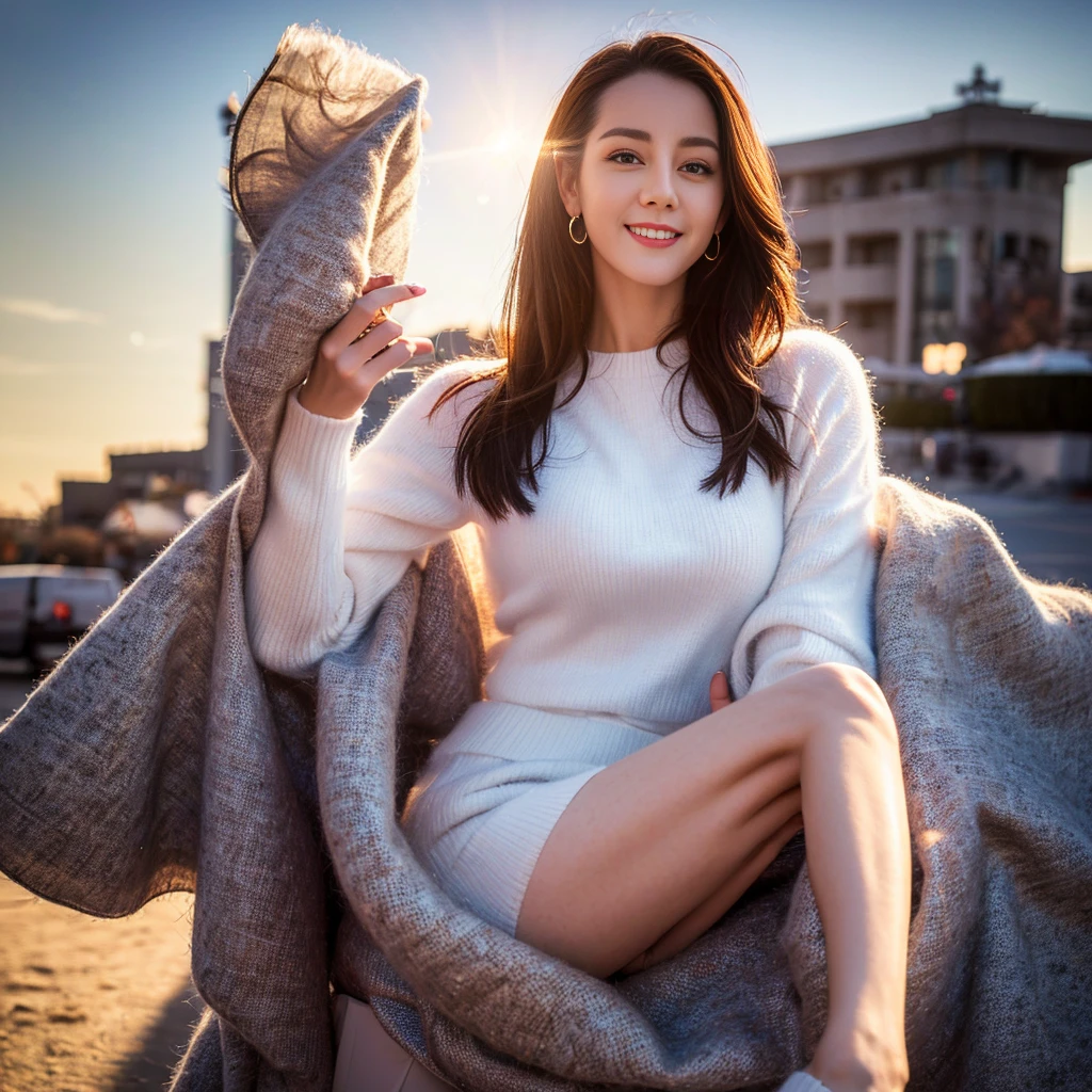 ((Top quality、8K、masterpiece:1.3))、Very pretty beautiful girl，full-body shot，Huge breasts，Breast enlargement，Amazing breast size，G cup，Half breast exposed。Wear big earrings，The skin is so white，Hydrating red lips，Very thin waist，Very thin thighs，Big Ass，Fair and smooth skin，Smooth and fair skin，Flawless skin，Fair and shiny skin，Cool white skin，Camera focuses on breasts，Bright Light，White sweater，Lower body exposed，White hair，White hair，Blizzard，Snow Mountain，Sunset，lake，sweet smile，Mouth slightly open