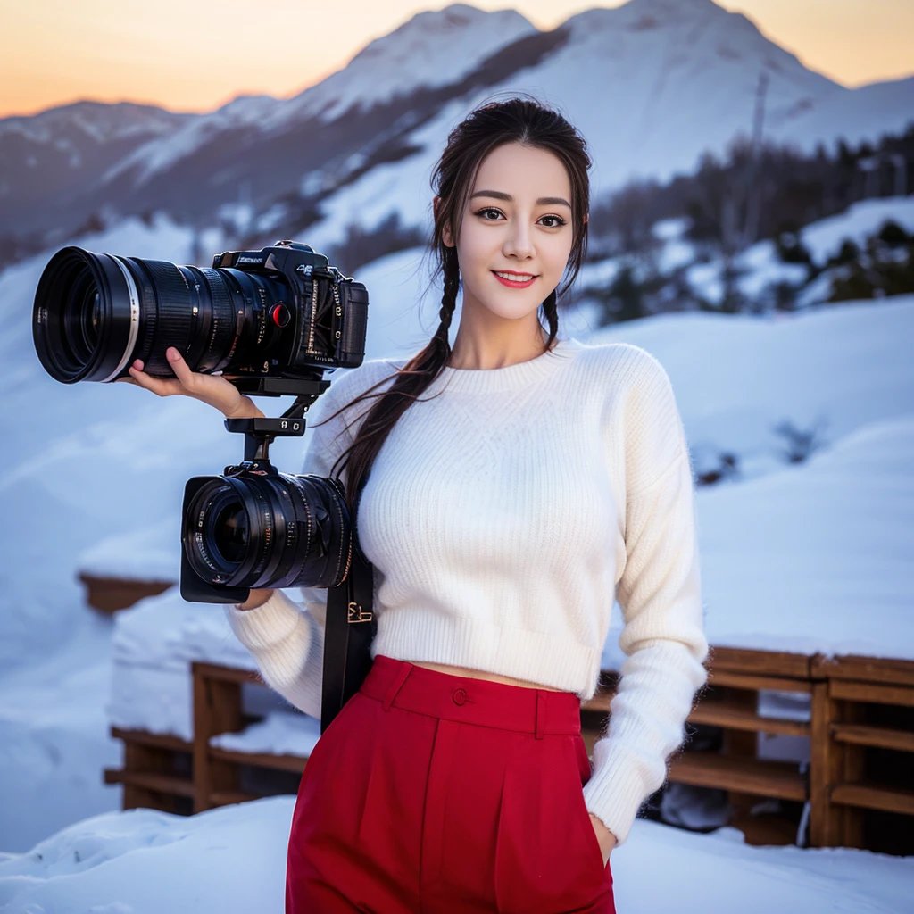 ((Top quality、8K、masterpiece:1.3))、Very pretty beautiful girl,full-body shot,Huge breasts,Breast enlargement,Amazing breast size,G cup,Half breast exposed。Wear big earrings,The skin is so white,Hydrating red lips,Very thin waist,Very thin thighs,Big Ass,Fair and smooth skin,Smooth and fair skin,Flawless skin,Fair and shiny skin,Cool white skin,Camera focuses on breasts,Bright Light,White sweater,Lower body exposed,White hair,White hair,Blizzard,Snow Mountain,Sunset,lake,sweet smile,Mouth slightly open