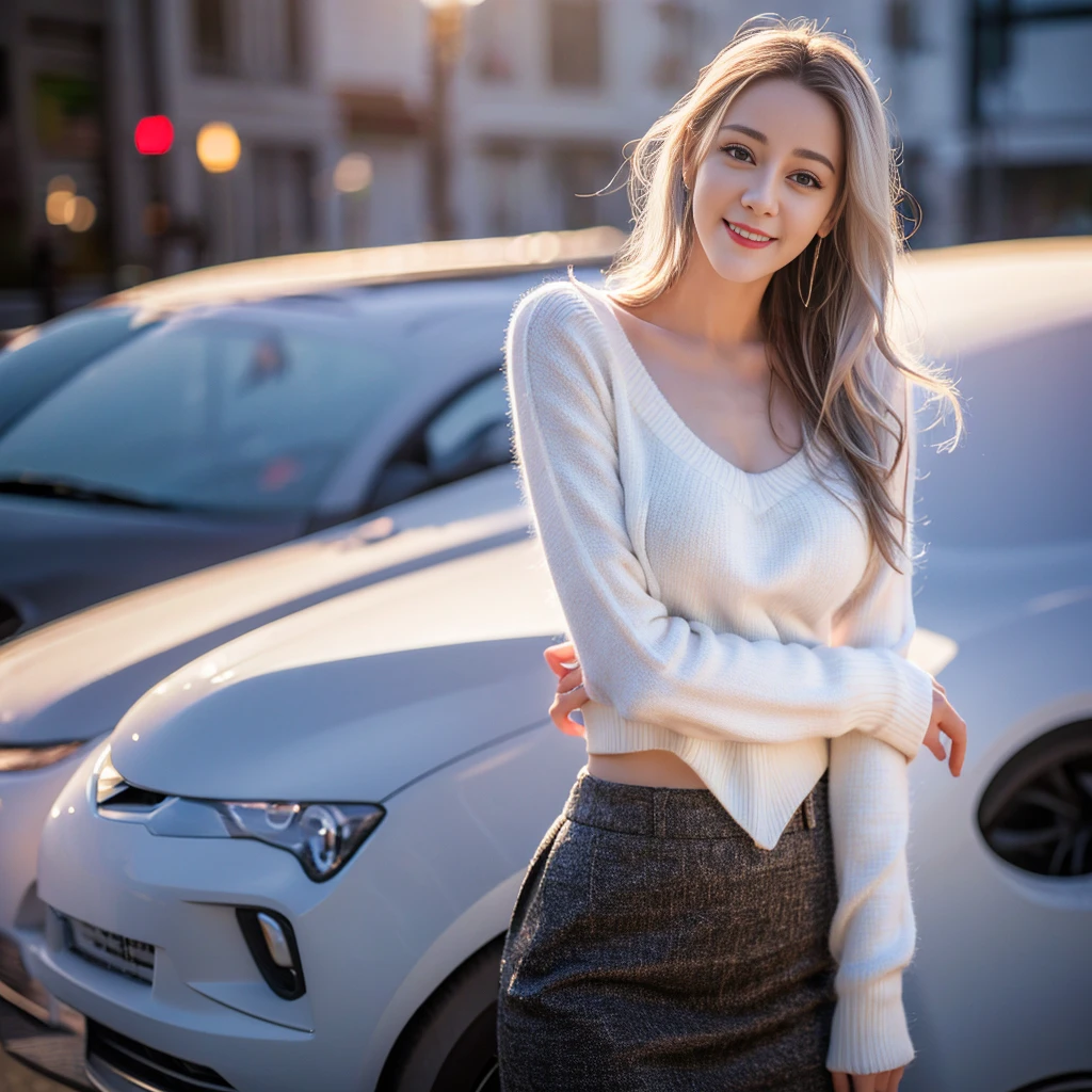 ((Top quality、8K、masterpiece:1.3))、Very pretty beautiful girl,full-body shot,Huge breasts,Breast enlargement,Amazing breast size,G cup,Half breast exposed。Wear big earrings,The skin is so white,Hydrating red lips,Very thin waist,Very thin thighs,Big Ass,Fair and smooth skin,Smooth and fair skin,Flawless skin,Fair and shiny skin,Cool white skin,Camera focuses on breasts,Bright Light,White sweater,Lower body exposed,White hair,White hair,Blizzard,Snow Mountain,Sunset,lake,sweet smile,Mouth slightly open