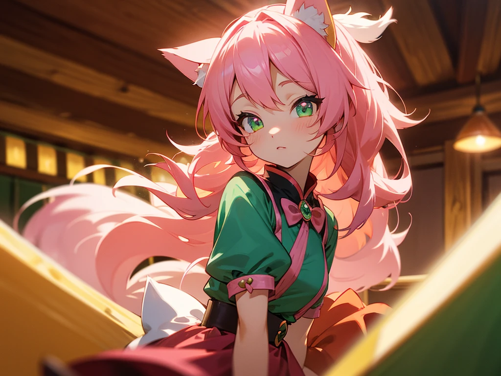 kitsune idol in a tavern, foxgirl, pink fox ears, pink fox tails, pink hair, green eyes, light blue idol dress, tavern background, high quality, masterpiece