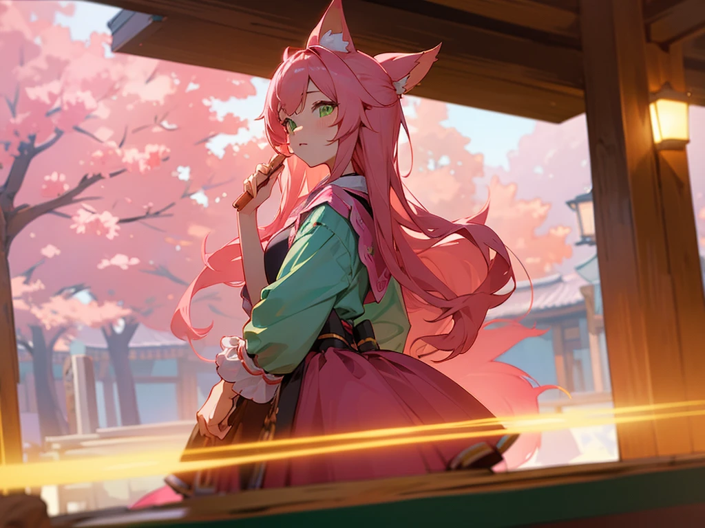 kitsune idol in a tavern, foxgirl, pink fox ears, pink fox tails, pink hair, green eyes, light blue idol dress, tavern background, high quality, masterpiece