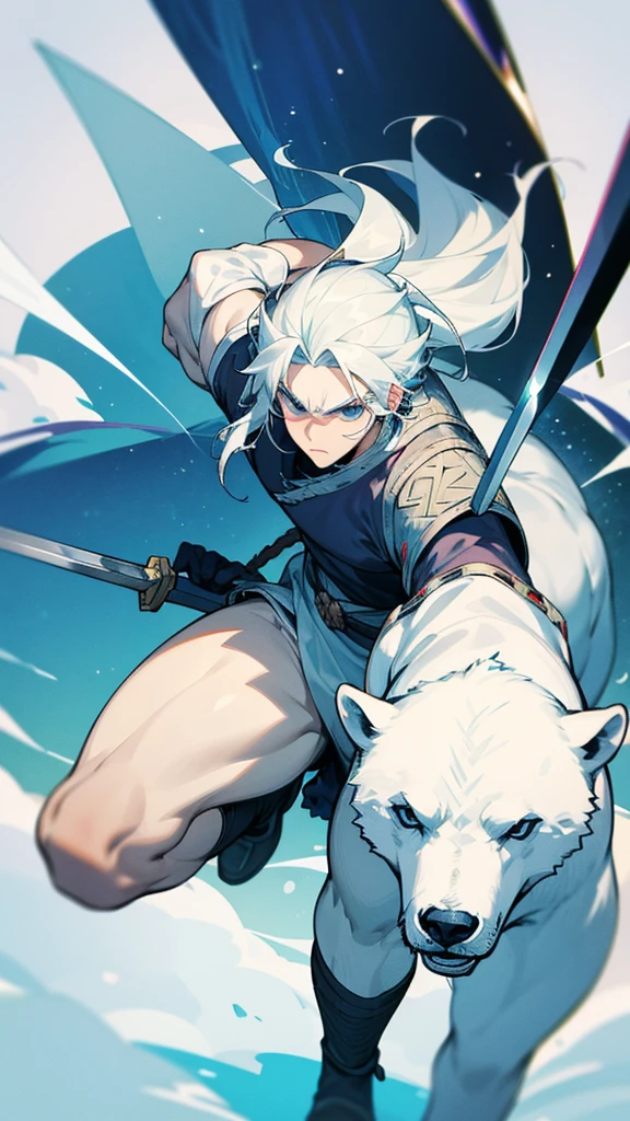 Generates a 2 meter man who is a Viking warrior with hair slightly short at the height of the eyebrows and white in color, who as clothing wears the skin of a polar bear that is from an anime and shows his muscles., and carry a sword 