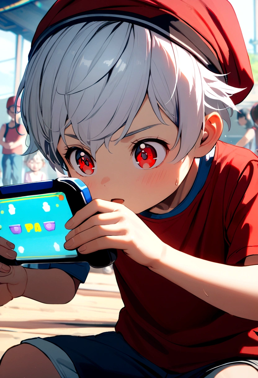 6 year old boy, white hair, red cap backwards, red eyes, blue tank top, red t-shirt inside. Play game