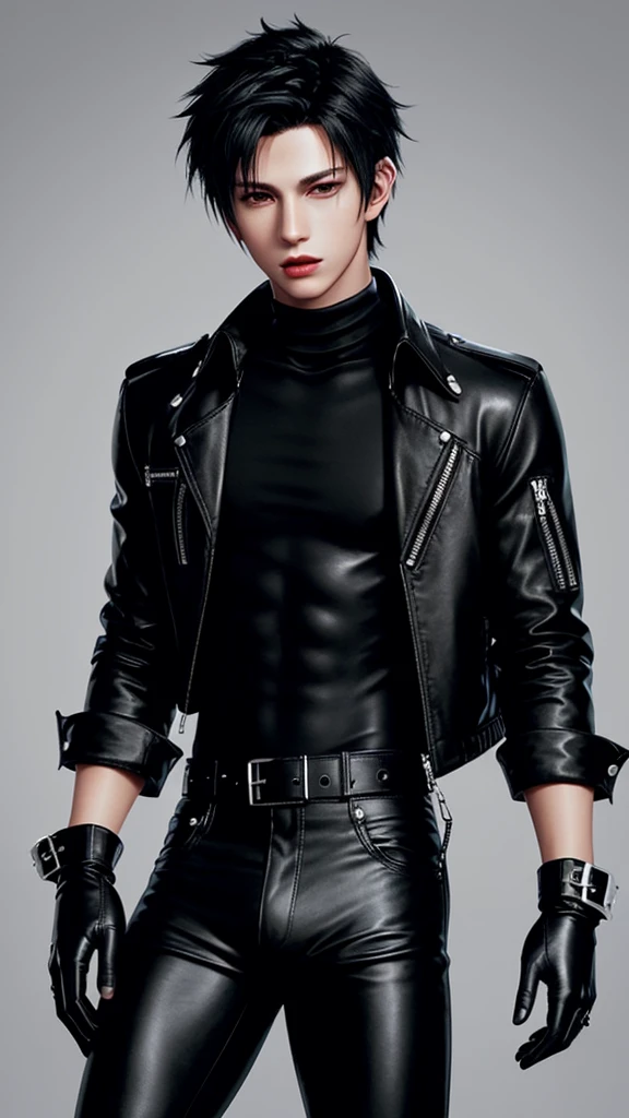 Final fantasy taste and reality graphics, Japanese young cute and cool ikemen boys, two boys, age is early 20s,both thin eyebrows and beady eyes, both wearing off white color leather thick singlebrest biker jacket, with epaulet, ,close the front of the jacket, jacket is biker style, , jacket collar is high length stand-up collar with belts, jacket is a little black line pattern,close the front of the jacket,both also wearing black thick turtleneck lackluster shirts, tight black leather pants, shiny black leather tight and thin glove, black leather knee-high raceup boots,must views head-to-toe,must views whole body, boy looks like fashion model,Do not show skin from the neck down,leather jacket leather glove and leather pants have few wrinkles,boy in the room,
