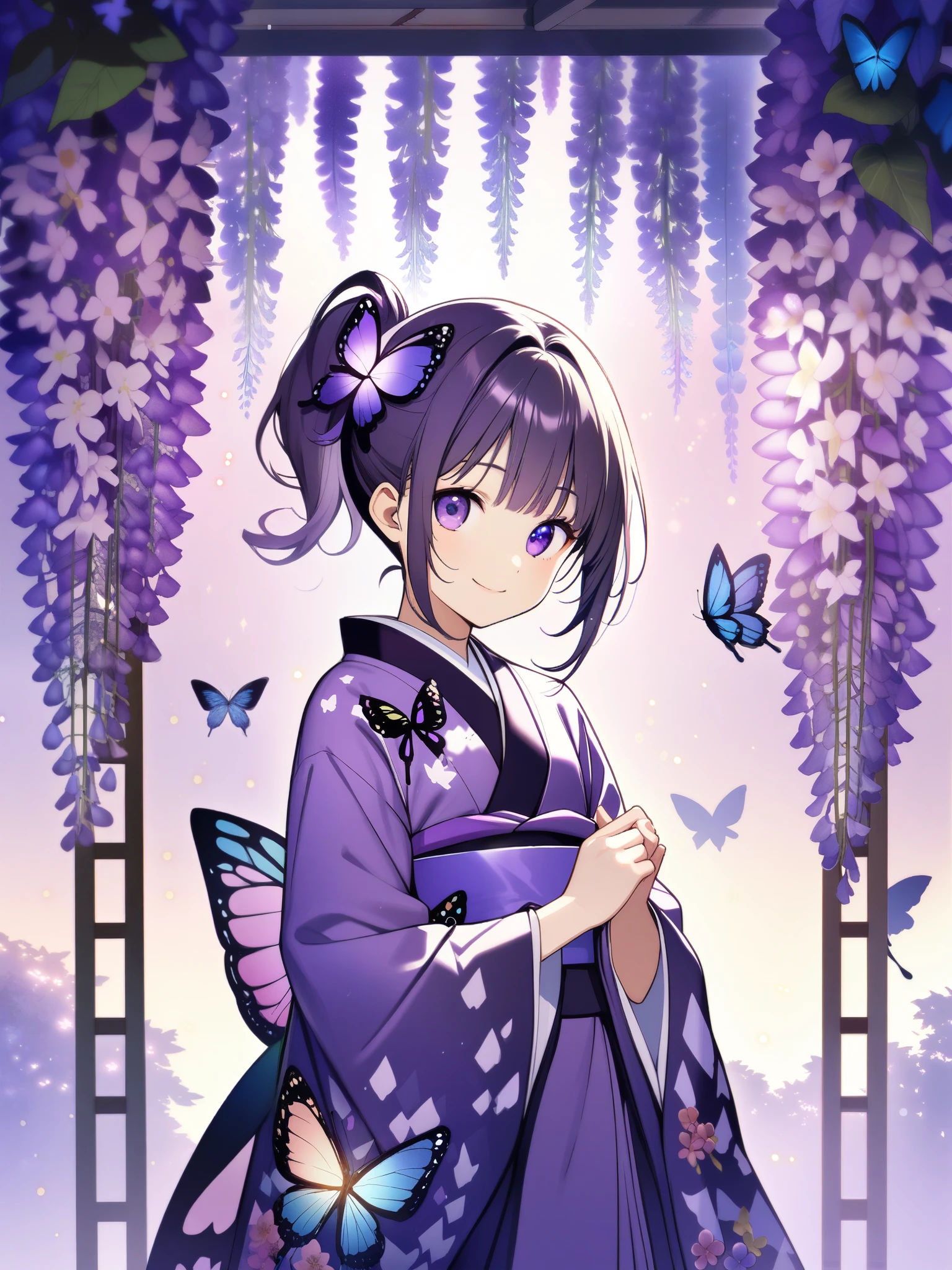 (32k), ((cute girl)), (hight quality), (high-level image quality), (smile), (hight quality wisteria flowers background), (32k background), (wisteria trellis), (purple short ponytail), (purple eyes), (18 years old), (illustration), (purple light particles), (purple kimono), (purple Japanese clothes), (((front))), (32k), (beautiful cute girl), (butterfly ornament), (butterfly dress), ((many butterflies)), (((background of many flowers ))), (((bright background))), (beautiful world), (cute world), (smile),