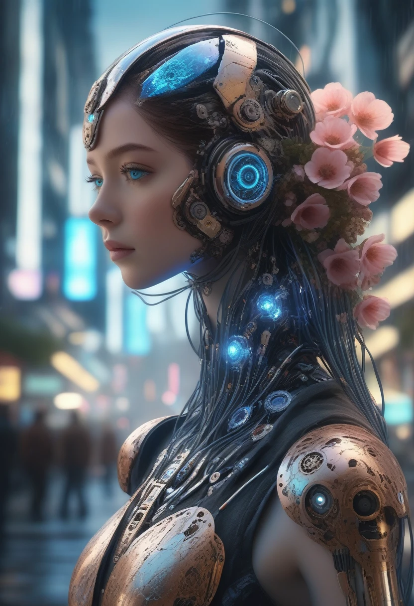 (best quality, 8k, masterpiece, highres, ultra-detailed), photorealistic, cyborg creature, beautiful, human, machine, iridescent metallic skin, glowing blue eyes, cascade of wires and gears, mechanical wings, delicate petals, bioluminescent flowers, garden, mesmerizing, unsettling, ethereal, otherworldly, cyberpunk, fantasy, intricate details, realistic anatomy.