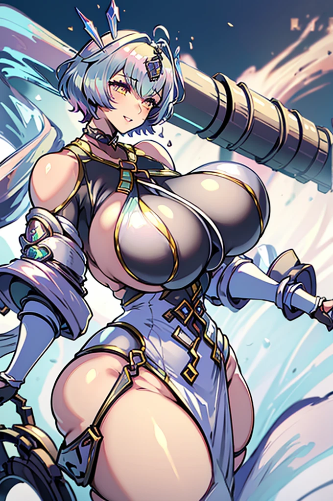 Masterpiece, The best quality, High Resolutions, absurdities, 8k, 4k, Official Art,, , (flat_color:0.9),Large size_old, (huge breasts:2), big breast, voluptuous, front view, thick thighs, Wide hips, warm light, night atmosphere, robusta, front body, light lipstick, SMILE, abdomen, (muscle:1.2), Thick thigh, Wide hips, thick lips, breast, Muy voluptuous, massive breast, , faded hair, massive thighs, focused eyes, breast bursting out , huge woman, long hair, silver eyes, look ahead, muscle girl,short hair, tiara, mechanical armor, great armor, mechanical armor, mechanical suit, Full armor,