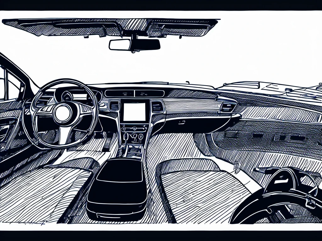 Driving scene,Black and white line drawing,HD,The car model is reasonable,Accurate perspective,Best quality,Accurate proportions