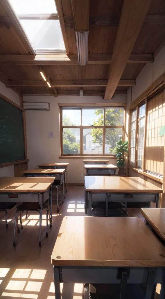 An immersive portrayal of a Japanese classroom illuminated by majestic lighting, captured in a photorealistic style. The lighting bathes the room in a soft, natural glow, highlighting the intricate details of the space. The scene is meticulously rendered in high resolution, showcasing every aspect of the classroom, from the texture of the wooden desks to the reflections on the windows. The wide-angle view captures the breadth of the room, with rows of neatly arranged desks, a chalkboard adorned with equations, and sunlight streaming in through open windows. The attention to detail creates a sense of authenticity, while the photorealistic style brings the scene to life with a touch of realism. The camera shot, utilizing a wide-angle lens, ensures that every corner of the classroom is visible, inviting viewers to explore the environment