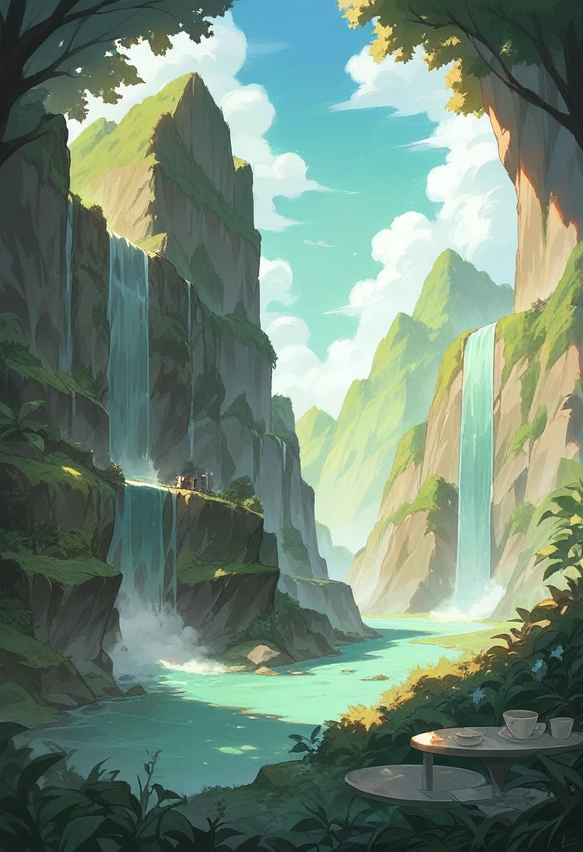 Amazing landscape, ultra detailed, super detailed, anime, Amazing, waterfall landscape, green, blue, Cafe 