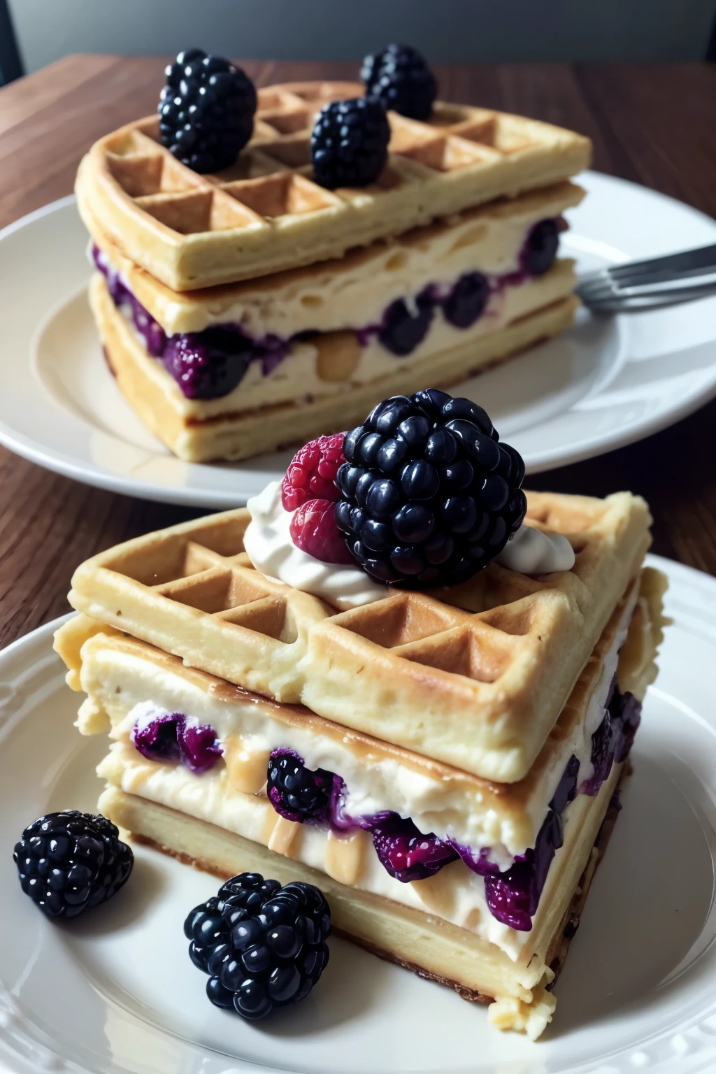 2 waffles with cheese cake in the shape of a sandwich decorated with blackberries and blackberries, at the top, I don't want fruit at the bottom of the omato and on the plate that is white, make a design with a blackberry coulis, only on the plate, don't add anything to the waffles and I only want one piece of sandwich. I don't want colulis in the sandwich