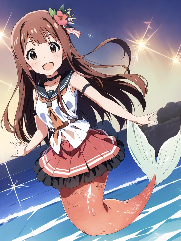 kotoha tanaka (million live), (best quality, 8K, masterpiece, ultra detailed:1.2), dynamic pose, cinematic angle, light particles, sparkle, beautiful detailed eyes, shiny skin, shiny hair,
Underwater  sea, beautiful 
mermaid, mermaid tail below waistline, 1girl, solo, skirt, smile, cute, happy, open mouth, sailor collar, :d, , serafuku, collarbone, hair flower, looking at viewer, upper body