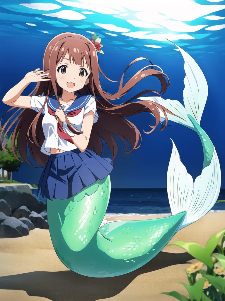 kotoha tanaka (million live), (best quality, 8K, masterpiece, ultra detailed:1.2), dynamic pose, cinematic angle, light particles, sparkle, beautiful detailed eyes, shiny skin, shiny hair,
Underwater  sea, beautiful 
mermaid, mermaid tail below waistline, 1girl, solo, skirt, smile, cute, happy, open mouth, sailor collar, :d, , serafuku, collarbone, hair flower, looking at viewer, upper body