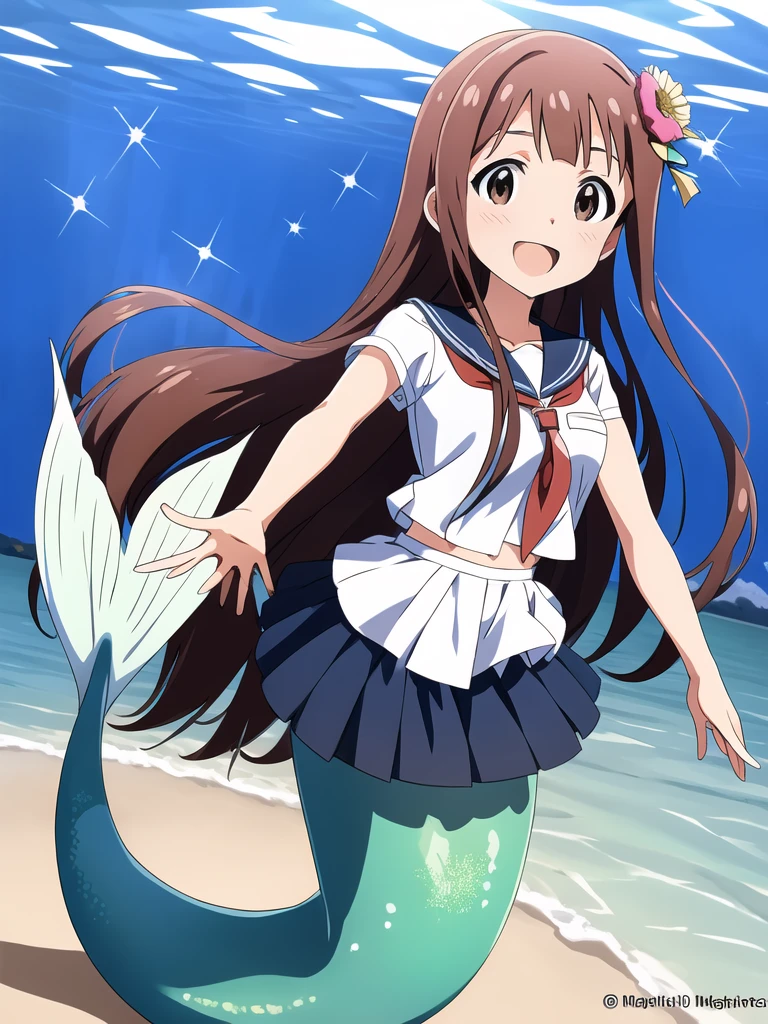 kotoha tanaka (million live), (best quality, 8K, masterpiece, ultra detailed:1.2), dynamic pose, cinematic angle, light particles, sparkle, beautiful detailed eyes, shiny skin, shiny hair,
Underwater  sea, beautiful 
mermaid, mermaid tail below waistline, 1girl, solo, skirt, smile, cute, happy, open mouth, sailor collar, :d, , serafuku, collarbone, hair flower, looking at viewer, upper body