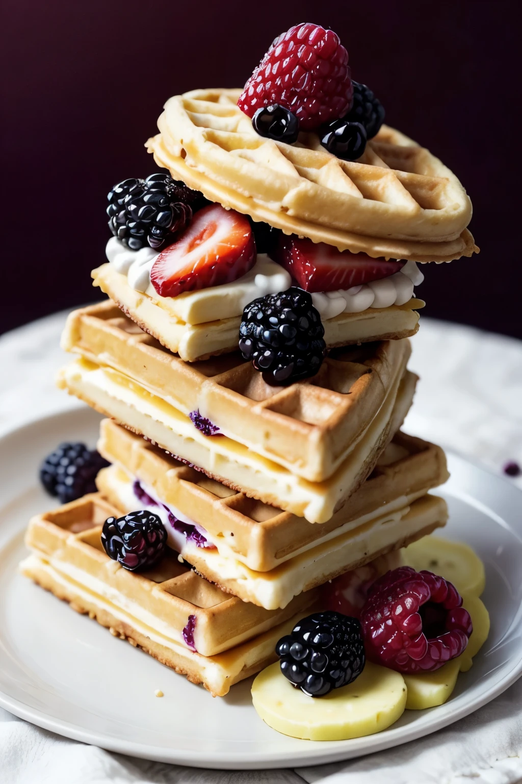 2 waffles with cheese cake in the shape of a sandwich decorated with blackberries and blackberries, at the top, I don&#39;t want fruit at the bottom of the omato and on the plate that is white, make a design with a blackberry coulis, only on the plate, don&#39;t add anything to the waffles and I only want one piece of sandwich. I don&#39;t want colulis in the sandwich