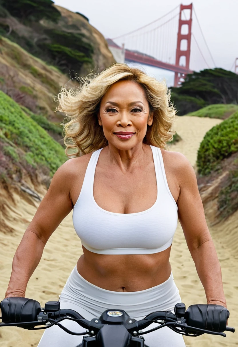 1girl, photorealistic photo of Gloria Diaz, realistic, photo of a Irish woman, middle age, grayish green eyes, medium wavy blonde hair, a 30-year-old woman, body of 40-year-old woman, (((wrinkles on her face and body))), (((half body shot))), (((medium size breast))), (((she is riding riding an ATV motorcycle along the Lower Great Highway Trail in San Francisco. This trail runs parallel to the Pacific Ocean, offering stunning views of the coastline and the crashing waves. The atmosphere is typically refreshing and invigorating, with the salty sea breeze and the sound of seagulls overhead. As she maneuvers the ATV along the trail, she might pass by sandy dunes and patches of coastal vegetation, enjoying the freedom and thrill of off-road riding against the backdrop of San Francisco's iconic Golden Gate Park. The trail itself is a mix of gravel and sand, providing a challenging yet exhilarating terrain for ATV enthusiasts. ))), she is looking at the camera smiling, (((she is wearing a color white sports bra and tight leggings))), (((dynamic pose)))