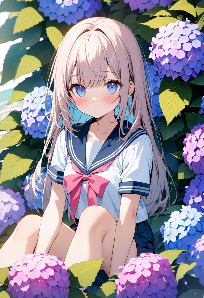 Colorful and gentle hues of hydrangea、A high school girl looking closely、Sailor suit、It&#39;s raining a little.、A fusion of watercolor and reality