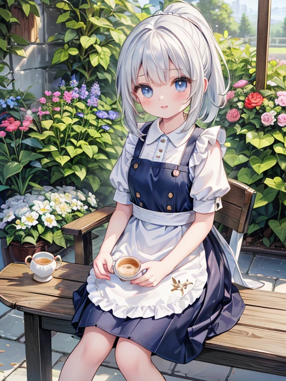 (8K, Highest quality, tableトップ:1.2)、Ultra-high resolution、14-year-old girl, Perfect Fingers, Detailed face, blue eyes, Silver Hair, ponytail, Red Apron Dress, garden, flower bed, table, tea , Tea cup, cake, Sit on a chair
